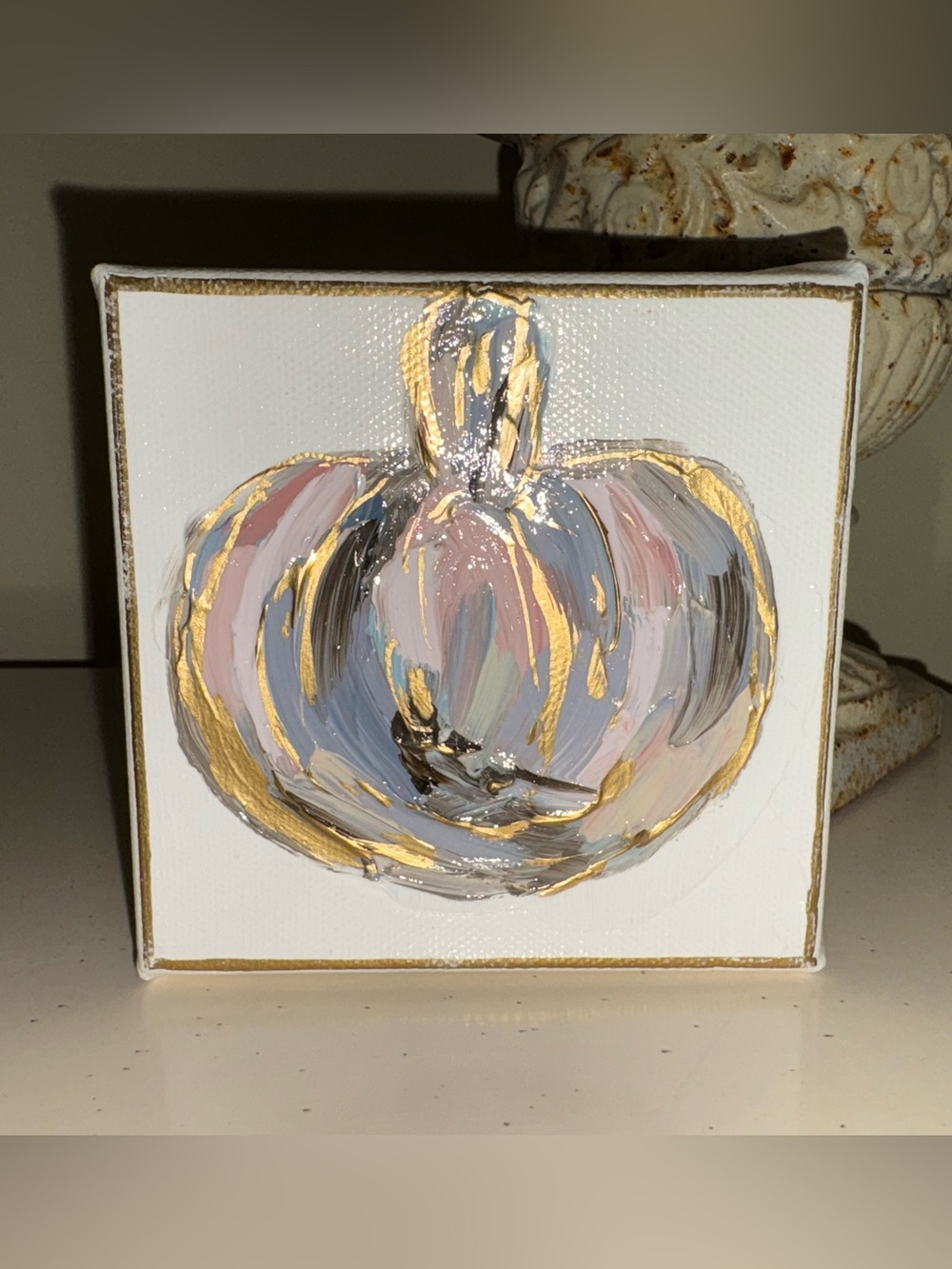 Pumpkin Painting in Pastel Pink, Blue, Periwinkle, and Gold